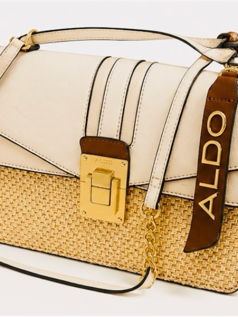 ALDO Cream & Tan Woven Flap Shoulder Bag with Gold Hardware